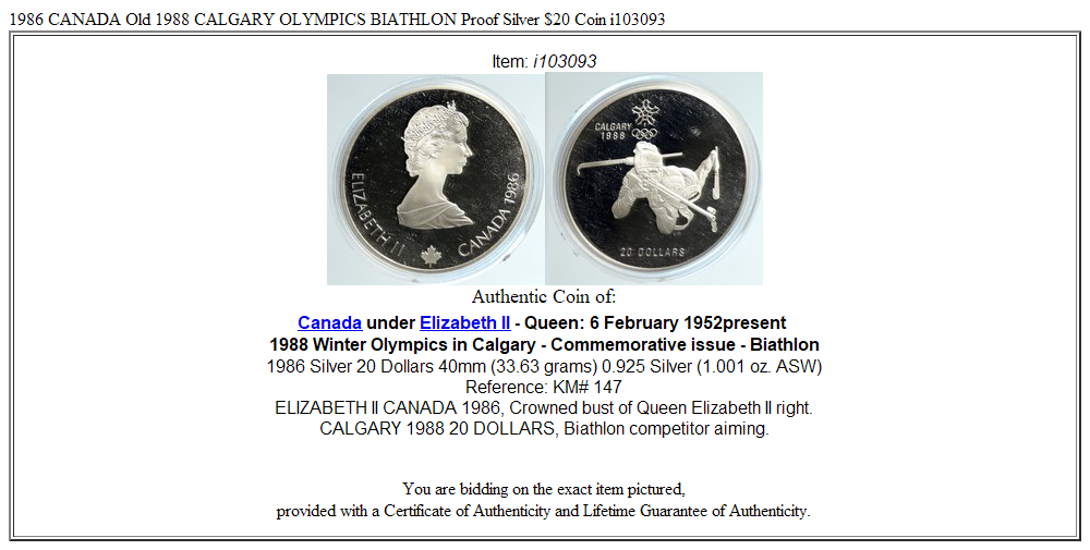 1986 CANADA Old 1988 CALGARY OLYMPICS BIATHLON Proof Silver $20 Coin i103093