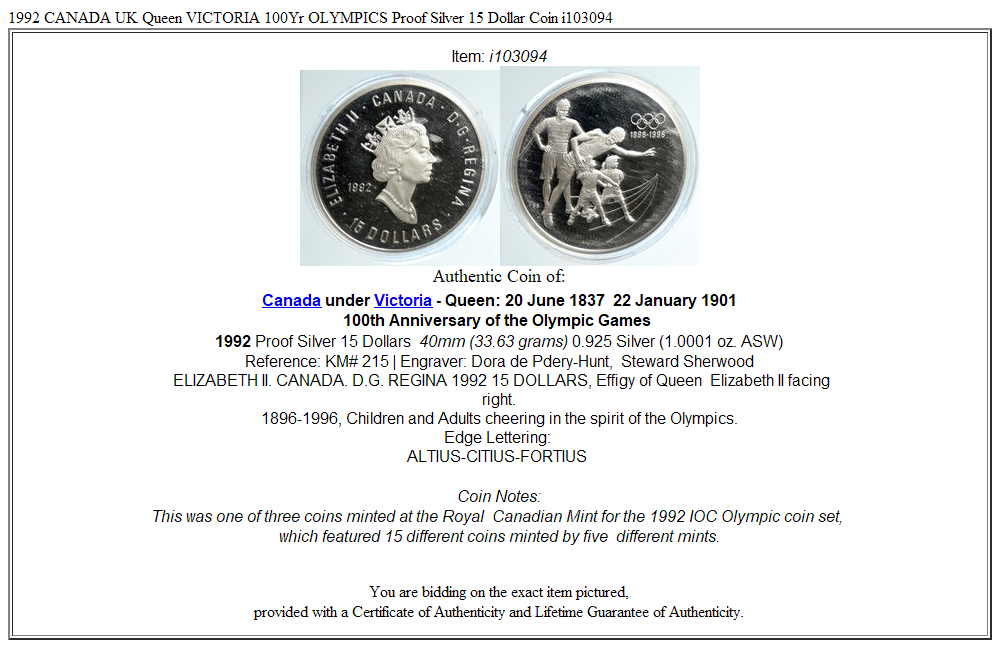 1992 CANADA UK Queen VICTORIA 100Yr OLYMPICS Proof Silver 15 Dollar Coin i103094