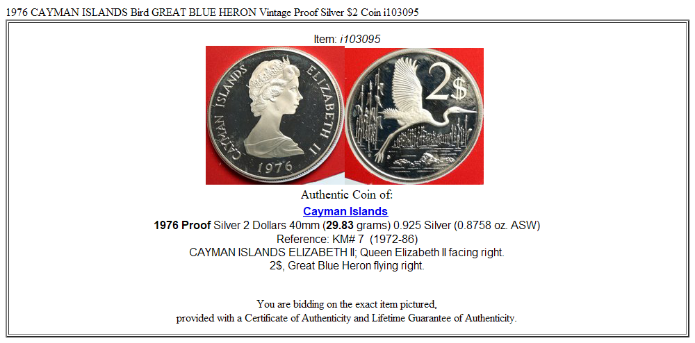 1976 CAYMAN ISLANDS Bird GREAT BLUE HERON Vintage Proof Silver $2 Coin i103095