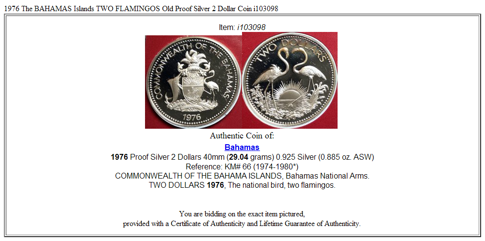 1976 The BAHAMAS Islands TWO FLAMINGOS Old Proof Silver 2 Dollar Coin i103098