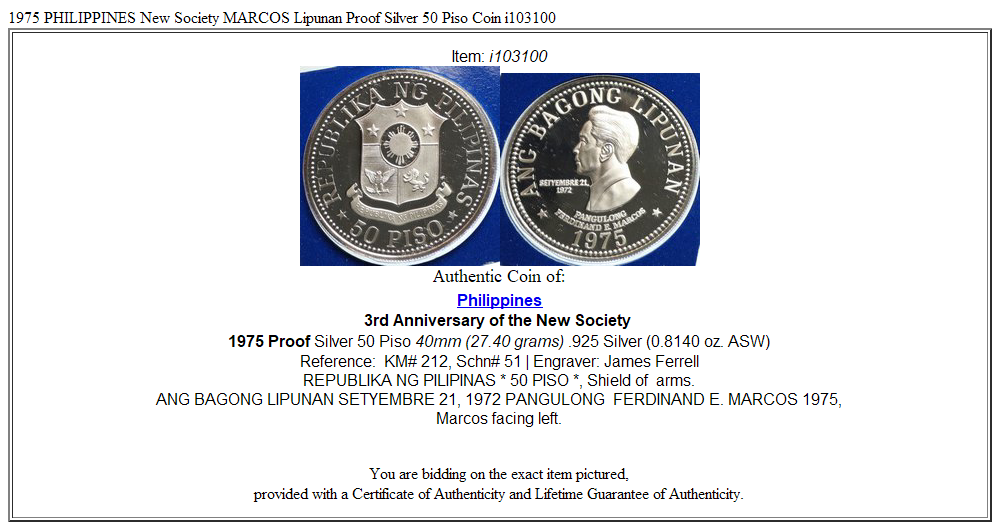 1975 PHILIPPINES New Society MARCOS Lipunan Proof Silver 50 Piso Coin i103100