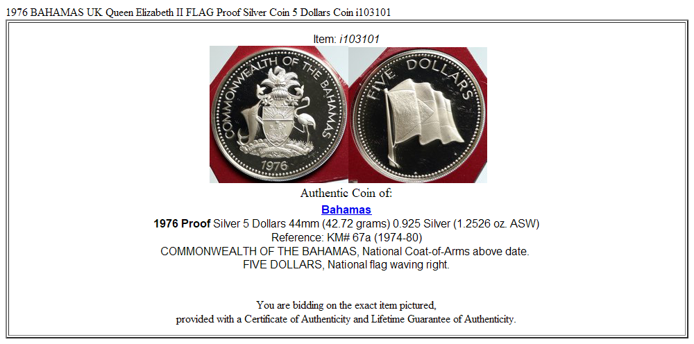 1976 BAHAMAS UK Queen Elizabeth II FLAG Proof Silver Coin 5 Dollars Coin i103101