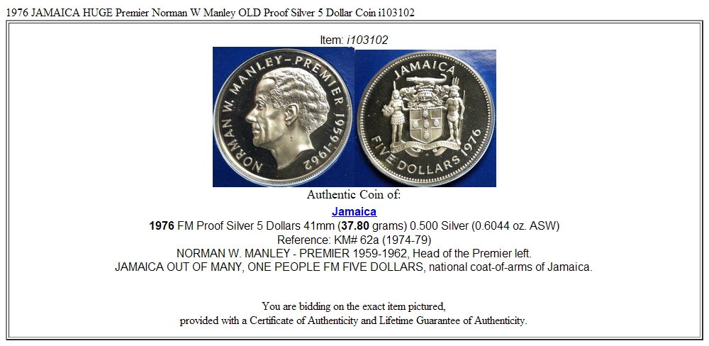 1976 JAMAICA HUGE Premier Norman W Manley OLD Proof Silver 5 Dollar Coin i103102