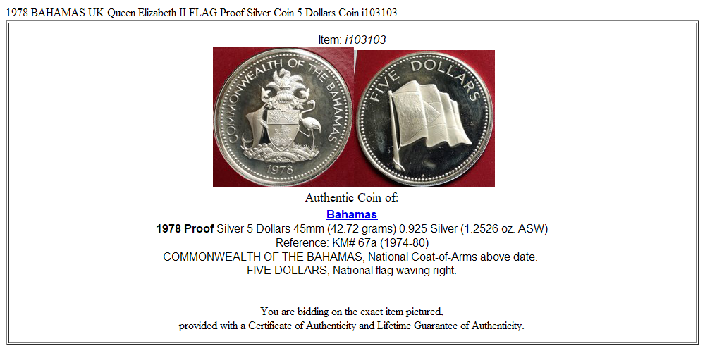 1978 BAHAMAS UK Queen Elizabeth II FLAG Proof Silver Coin 5 Dollars Coin i103103