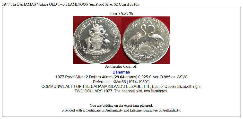 1977 The BAHAMAS Vintage OLD Two FLAMINGOS Sun Proof Silver $2 Coin i103105