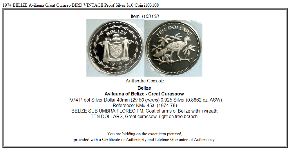 1974 BELIZE Avifauna Great Curasso BIRD VINTAGE Proof Silver $10 Coin i103108