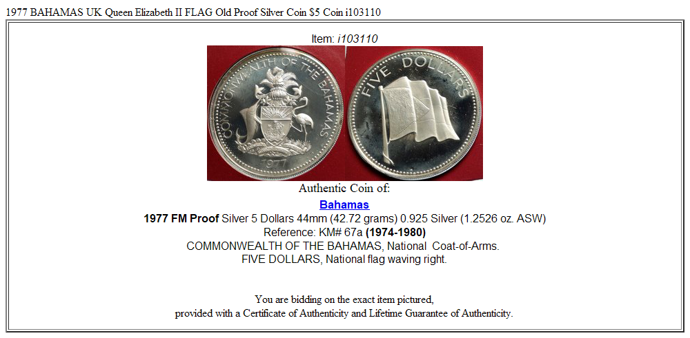 1977 BAHAMAS UK Queen Elizabeth II FLAG Old Proof Silver Coin $5 Coin i103110