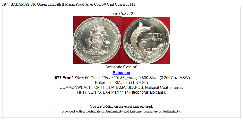 1977 BAHAMAS UK Queen Elizabeth II Marlin Proof Silver Coin 50 Cent Coin i103112