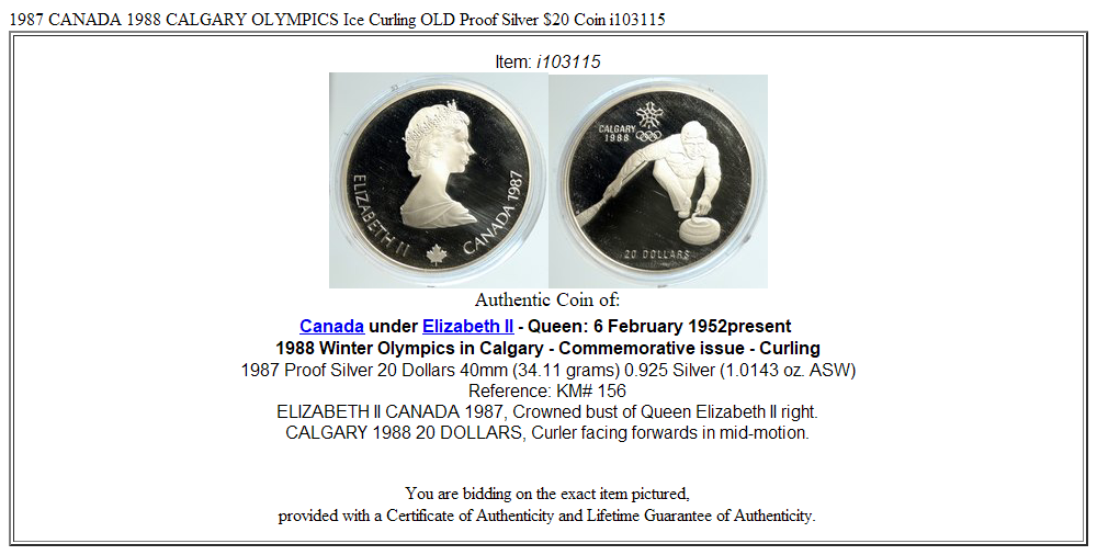 1987 CANADA 1988 CALGARY OLYMPICS Ice Curling OLD Proof Silver $20 Coin i103115