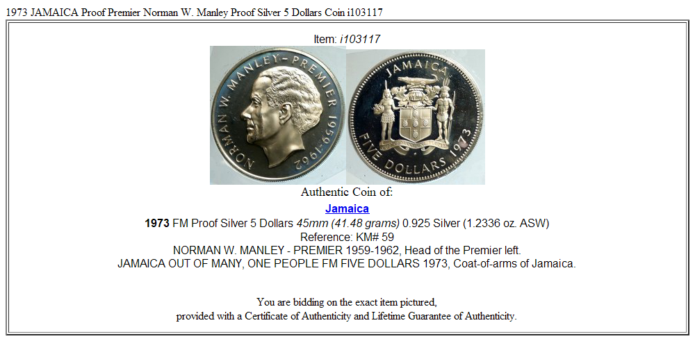 1973 JAMAICA Proof Premier Norman W. Manley Proof Silver 5 Dollars Coin i103117