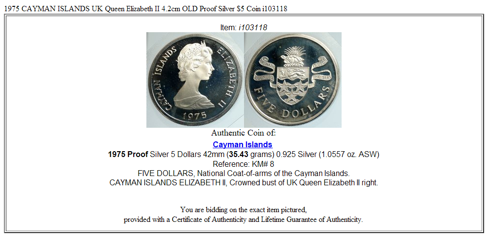 1975 CAYMAN ISLANDS UK Queen Elizabeth II 4.2cm OLD Proof Silver $5 Coin i103118