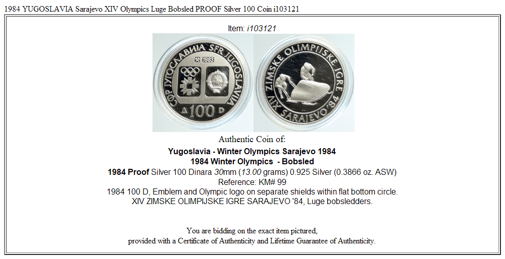 1984 YUGOSLAVIA Sarajevo XIV Olympics Luge Bobsled PROOF Silver 100 Coin i103121