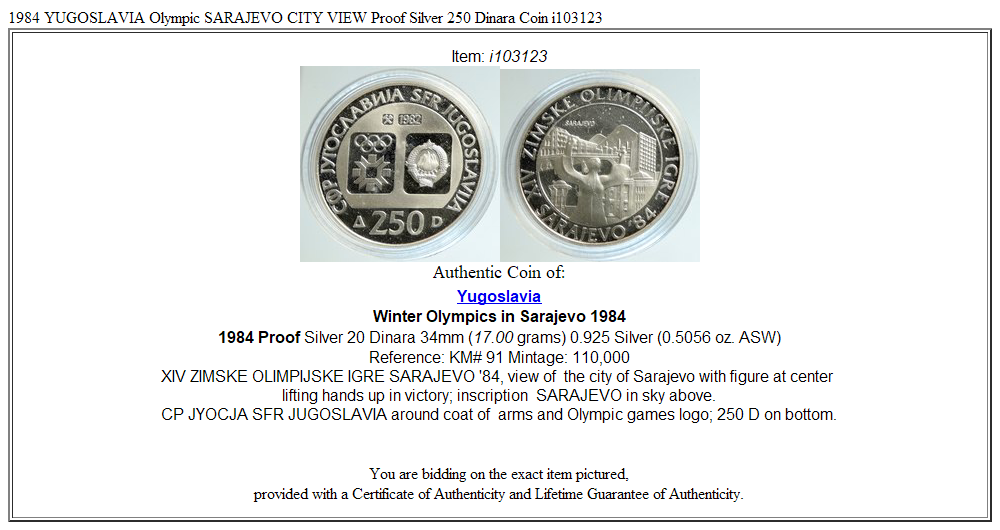 1984 YUGOSLAVIA Olympic SARAJEVO CITY VIEW Proof Silver 250 Dinara Coin i103123