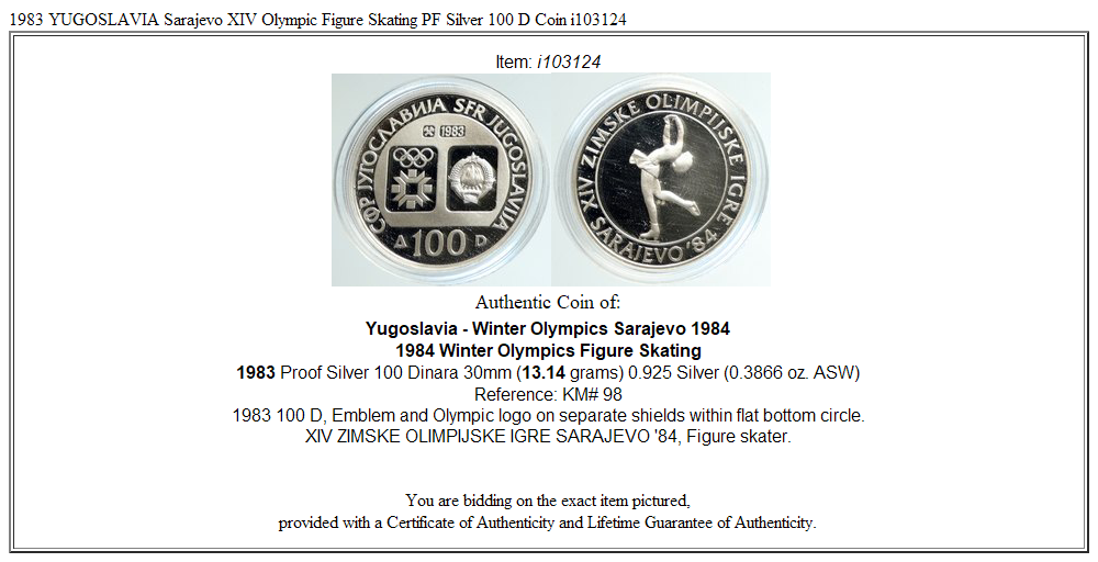 1983 YUGOSLAVIA Sarajevo XIV Olympic Figure Skating PF Silver 100 D Coin i103124