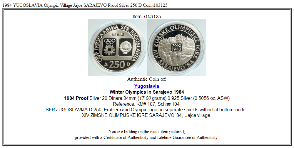 1984 YUGOSLAVIA Olympic Village Jajce SARAJEVO Proof Silver 250 D Coin i103125