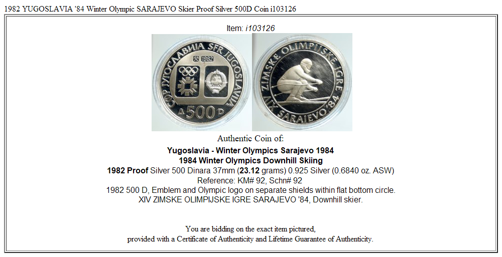 1982 YUGOSLAVIA '84 Winter Olympic SARAJEVO Skier Proof Silver 500D Coin i103126