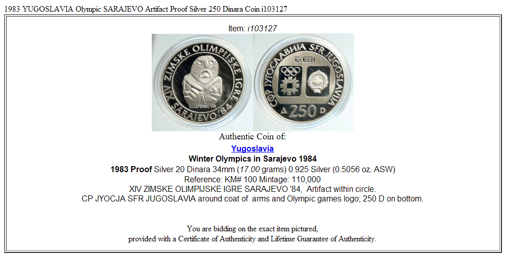 1983 YUGOSLAVIA Olympic SARAJEVO Artifact Proof Silver 250 Dinara Coin i103127