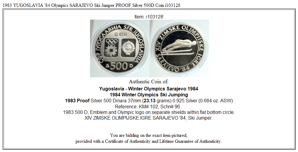 1983 YUGOSLAVIA '84 Olympics SARAJEVO Ski Jumper PROOF Silver 500D Coin i103128