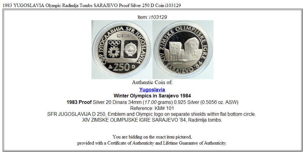 1983 YUGOSLAVIA Olympic Radimlja Tombs SARAJEVO Proof Silver 250 D Coin i103129