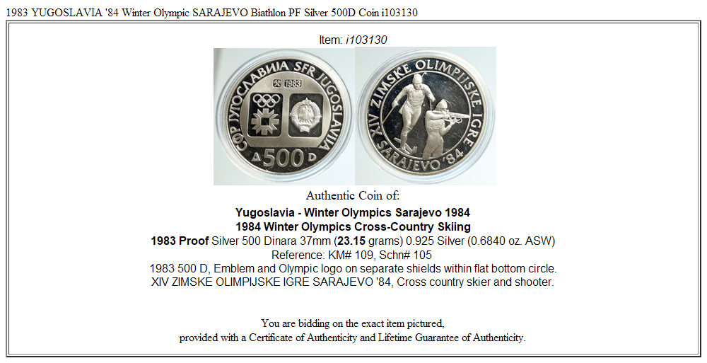 1983 YUGOSLAVIA '84 Winter Olympic SARAJEVO Biathlon PF Silver 500D Coin i103130