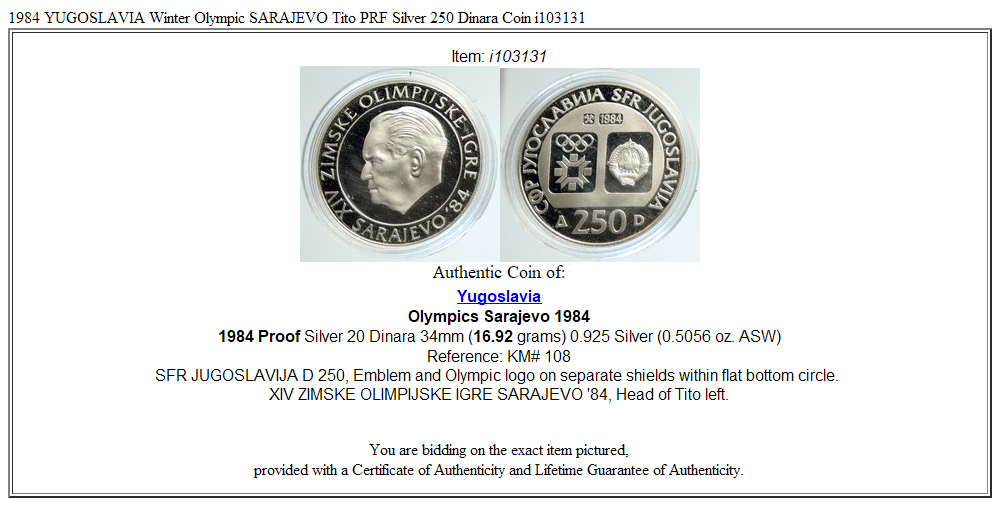 1984 YUGOSLAVIA Winter Olympic SARAJEVO Tito PRF Silver 250 Dinara Coin i103131