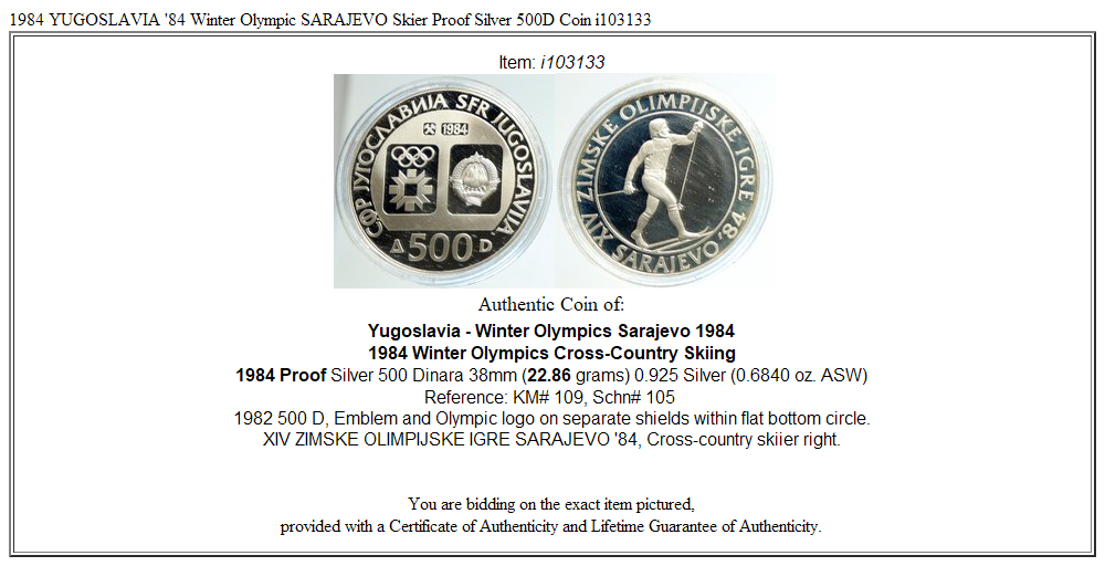 1984 YUGOSLAVIA '84 Winter Olympic SARAJEVO Skier Proof Silver 500D Coin i103133