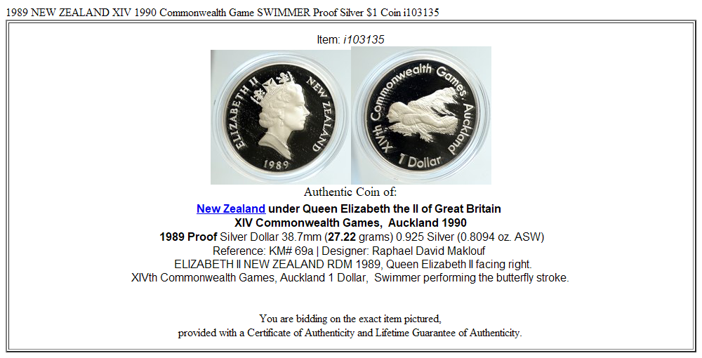 1989 NEW ZEALAND XIV 1990 Commonwealth Game SWIMMER Proof Silver $1 Coin i103135