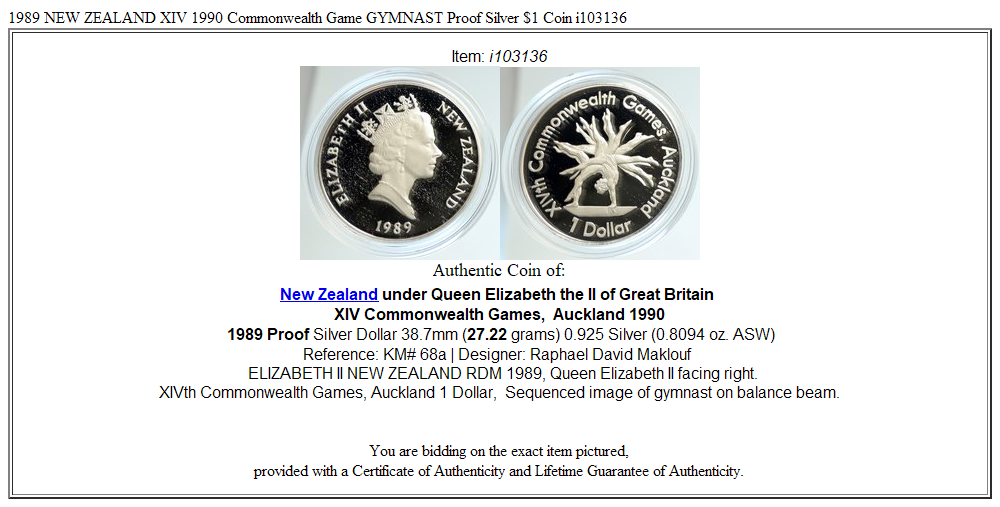 1989 NEW ZEALAND XIV 1990 Commonwealth Game GYMNAST Proof Silver $1 Coin i103136