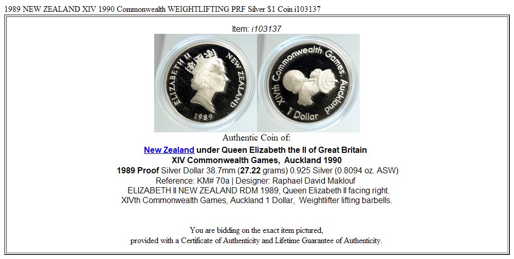 1989 NEW ZEALAND XIV 1990 Commonwealth WEIGHTLIFTING PRF Silver $1 Coin i103137