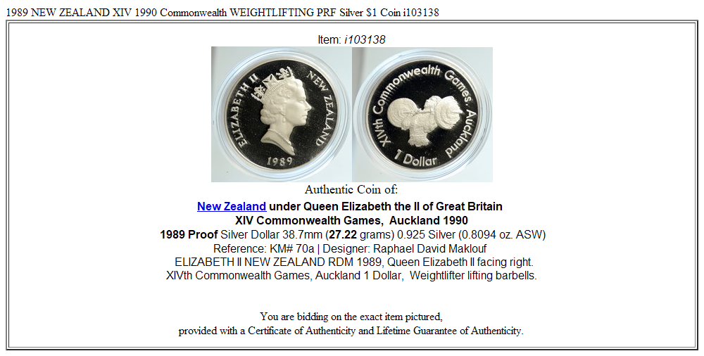 1989 NEW ZEALAND XIV 1990 Commonwealth WEIGHTLIFTING PRF Silver $1 Coin i103138