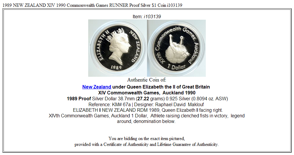 1989 NEW ZEALAND XIV 1990 Commonwealth Games RUNNER Proof Silver $1 Coin i103139