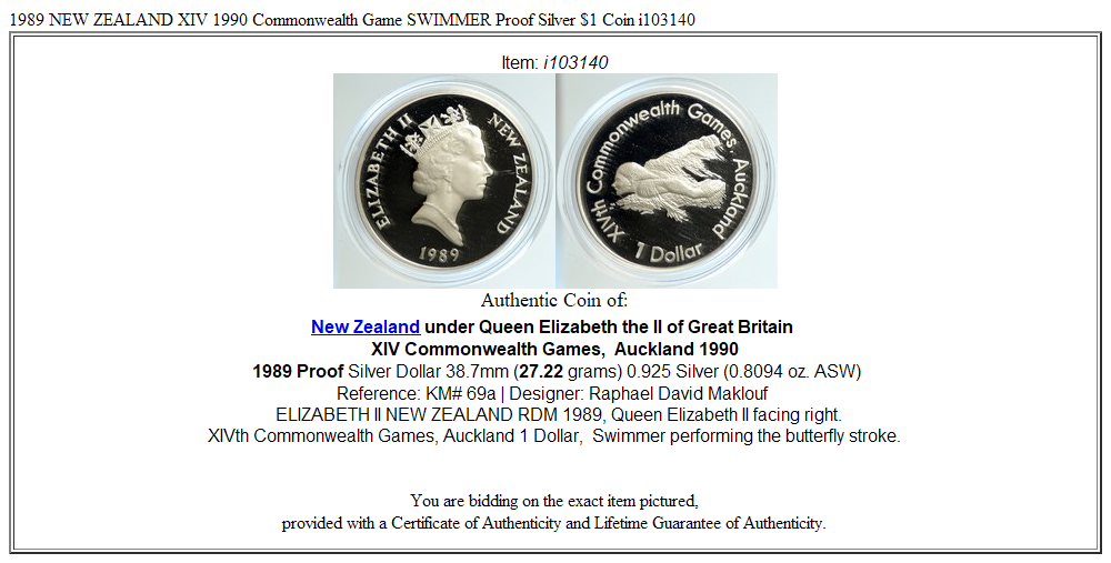 1989 NEW ZEALAND XIV 1990 Commonwealth Game SWIMMER Proof Silver $1 Coin i103140