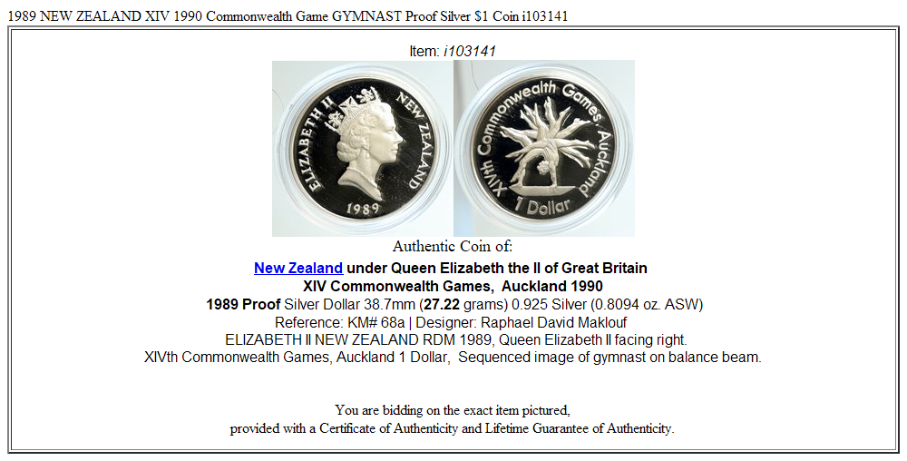 1989 NEW ZEALAND XIV 1990 Commonwealth Game GYMNAST Proof Silver $1 Coin i103141