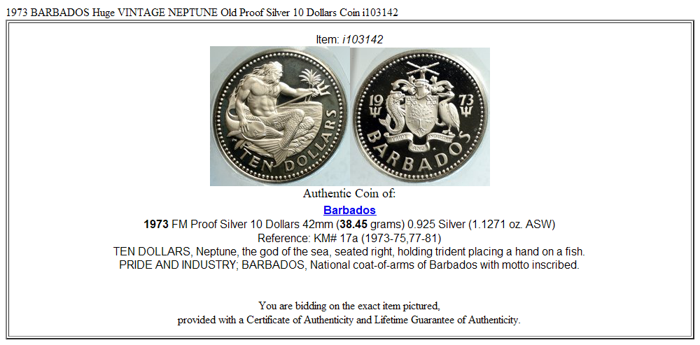 1973 BARBADOS Huge VINTAGE NEPTUNE Old Proof Silver 10 Dollars Coin i103142