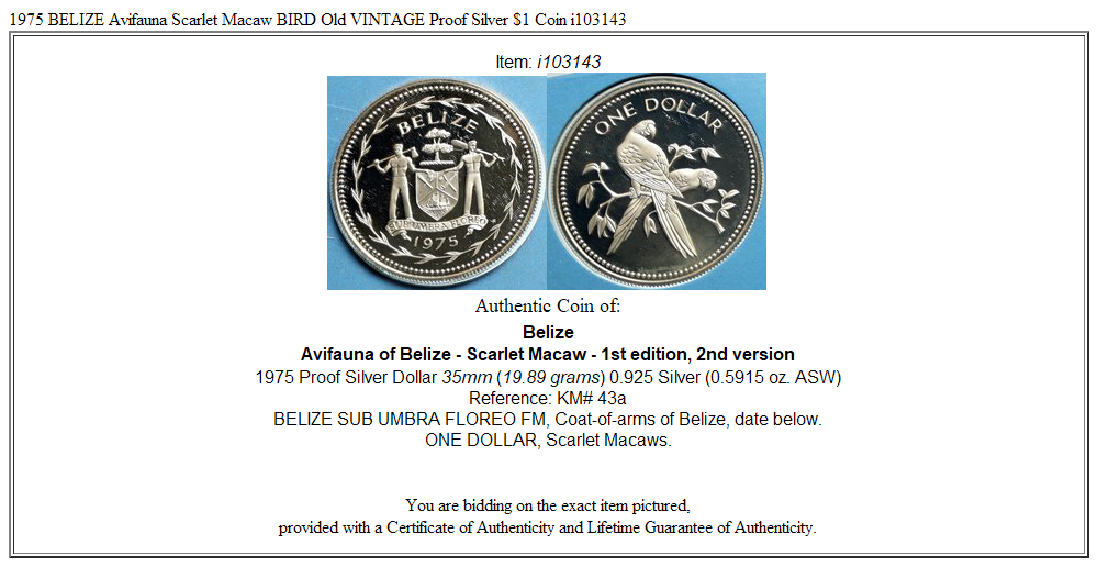 1975 BELIZE Avifauna Scarlet Macaw BIRD Old VINTAGE Proof Silver $1 Coin i103143