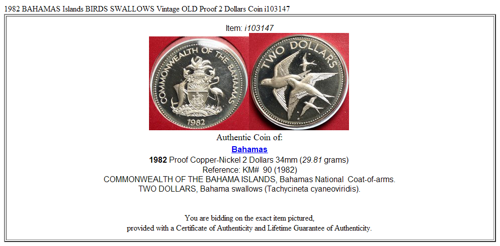 1982 BAHAMAS Islands BIRDS SWALLOWS Vintage OLD Proof 2 Dollars Coin i103147