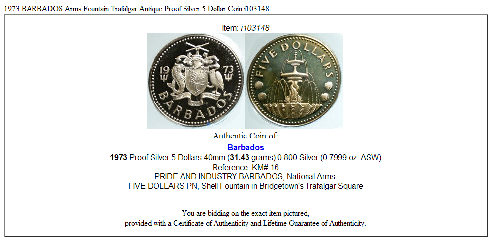 1973 BARBADOS Arms Fountain Trafalgar Antique Proof Silver 5 Dollar Coin i103148