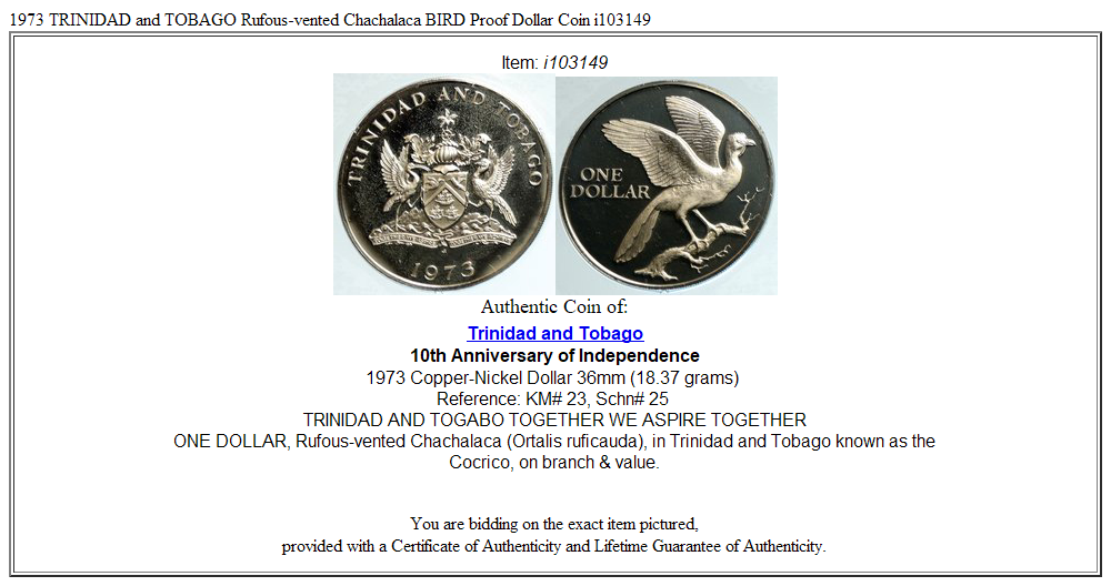 1973 TRINIDAD and TOBAGO Rufous-vented Chachalaca BIRD Proof Dollar Coin i103149