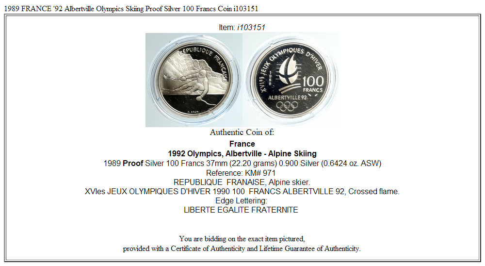 1989 FRANCE '92 Albertville Olympics Skiing Proof Silver 100 Francs Coin i103151