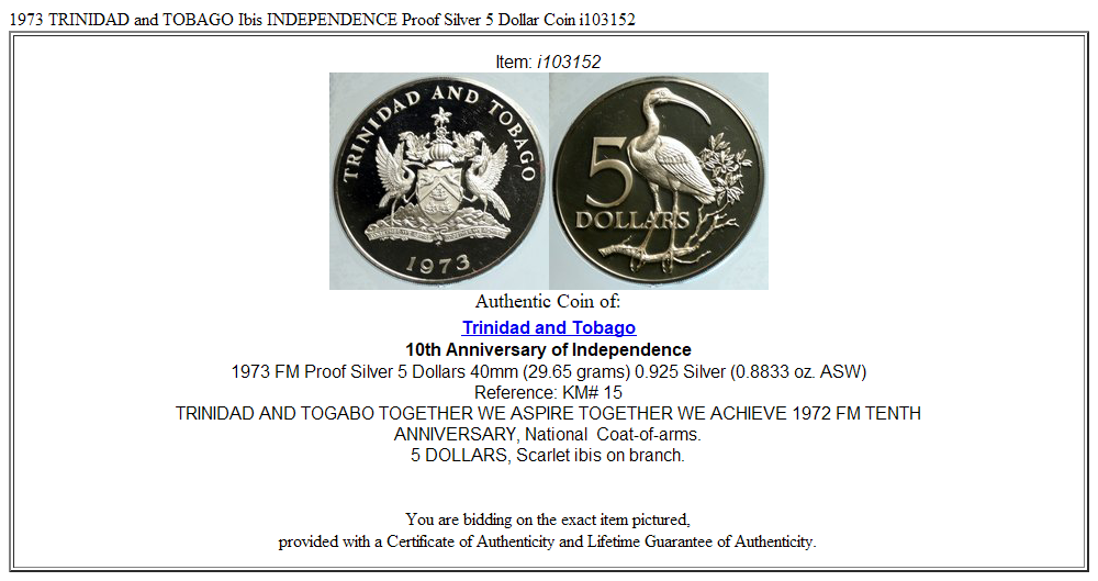 1973 TRINIDAD and TOBAGO Ibis INDEPENDENCE Proof Silver 5 Dollar Coin i103152