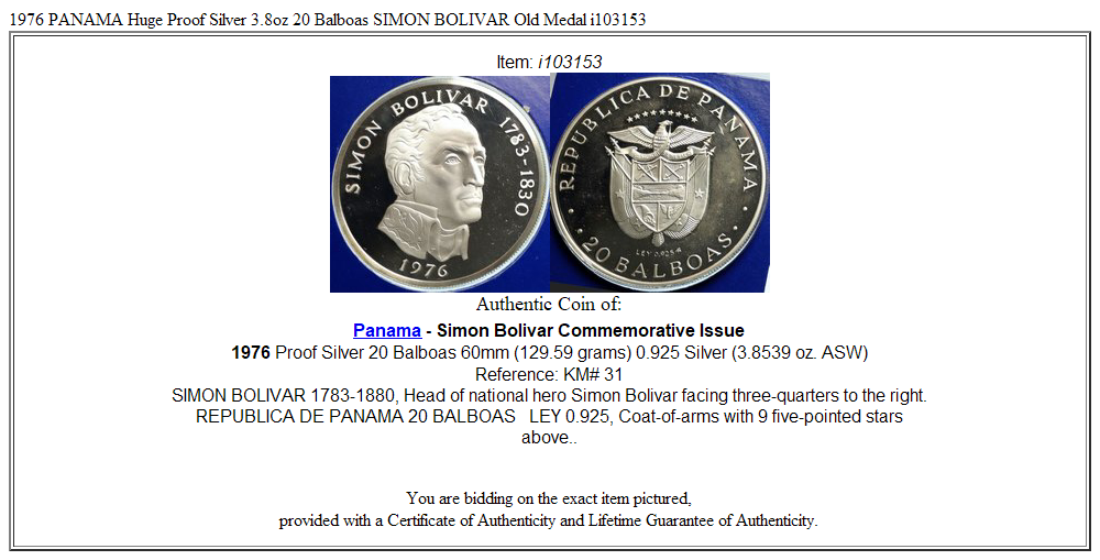 1976 PANAMA Huge Proof Silver 3.8oz 20 Balboas SIMON BOLIVAR Old Medal i103153