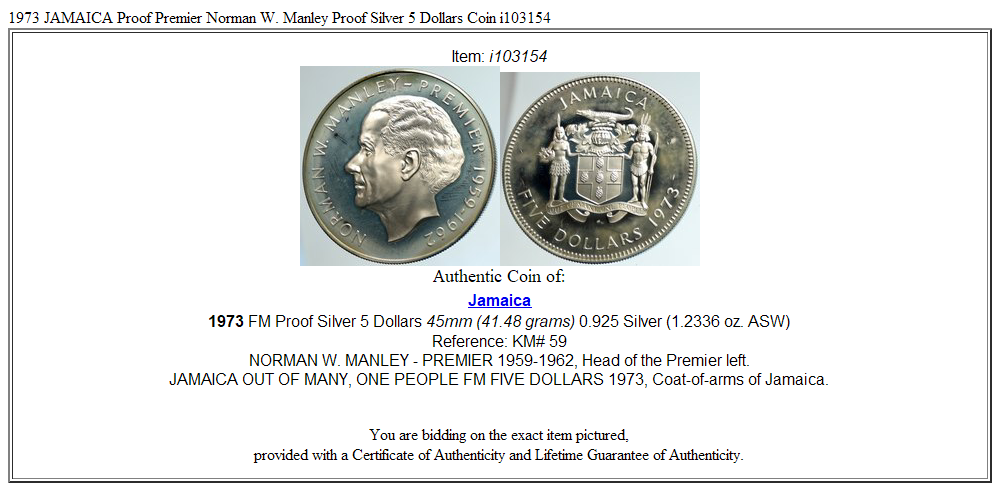 1973 JAMAICA Proof Premier Norman W. Manley Proof Silver 5 Dollars Coin i103154