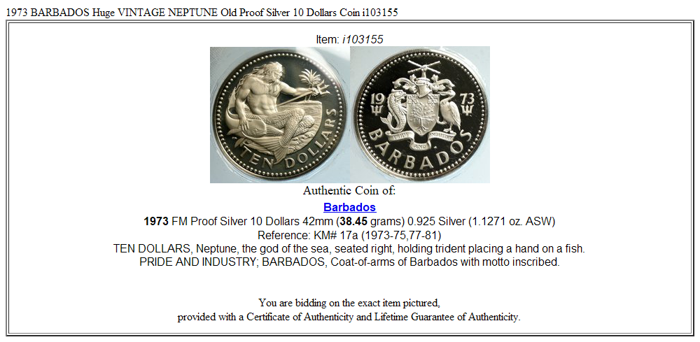 1973 BARBADOS Huge VINTAGE NEPTUNE Old Proof Silver 10 Dollars Coin i103155