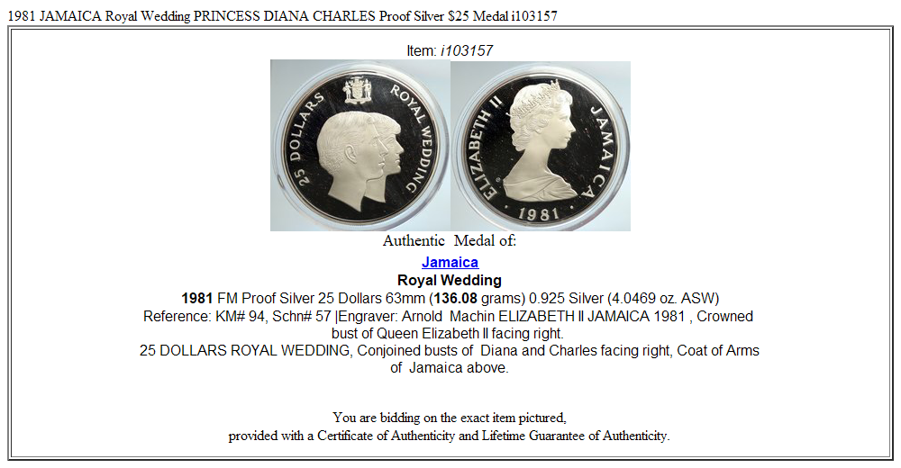 1981 JAMAICA Royal Wedding PRINCESS DIANA CHARLES Proof Silver $25 Medal i103157