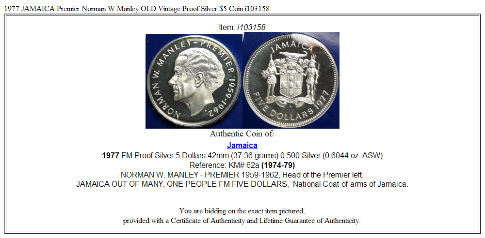 1977 JAMAICA Premier Norman W Manley OLD Vintage Proof Silver $5 Coin i103158