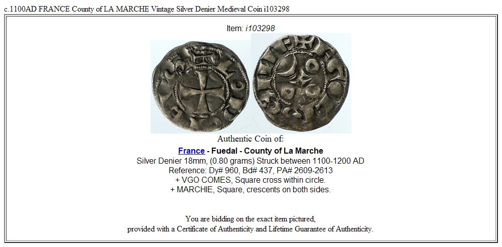 c.1100AD FRANCE County of LA MARCHE Vintage Silver Denier Medieval Coin i103298