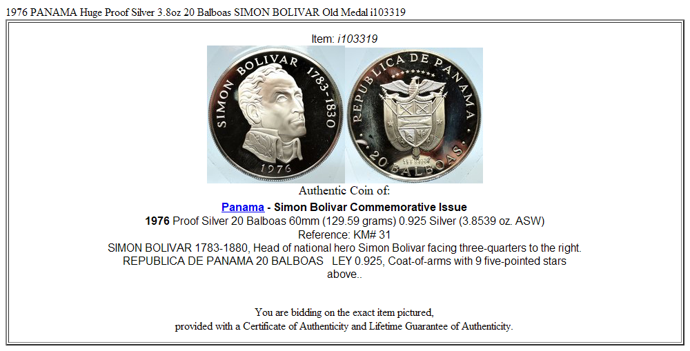 1976 PANAMA Huge Proof Silver 3.8oz 20 Balboas SIMON BOLIVAR Old Medal i103319