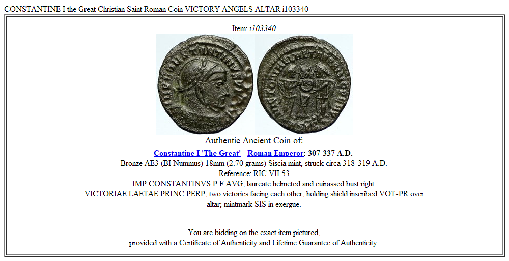 CONSTANTINE I the Great Christian Saint Roman Coin VICTORY ANGELS ALTAR i103340