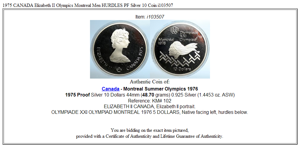 1975 CANADA Elizabeth II Olympics Montreal Men HURDLES PF Silver 10 Coin i103507