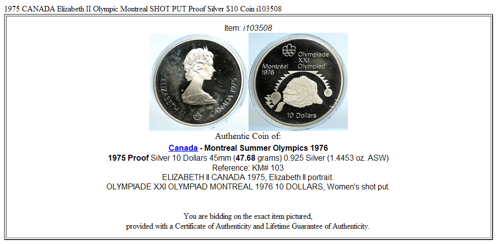 1975 CANADA Elizabeth II Olympic Montreal SHOT PUT Proof Silver $10 Coin i103508